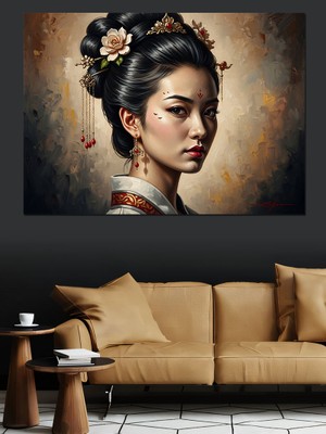 Karizma Tablo Geleneksel Kıyafetli Zarif Japon Kadını Dekoratif Kanvas - Mdf Ahşap Tablo