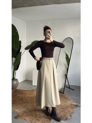 Asfa Moda Kadın Krem Maxi Boy Kemerli Uzun Etek Kadın Yüksek Bel Pileli