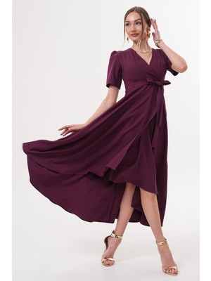 Ruris Mürdüm Kruvaze Yaka Asimetrik Sarmal Etek Kısa Kollu Kuşaklı Midi Boy Abiye Mezuniyet Elbisesi