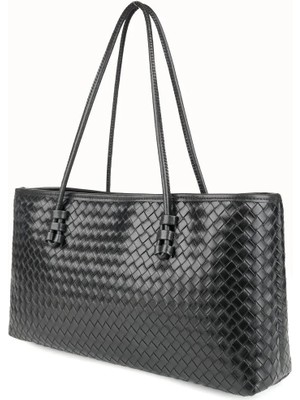 Beshora Owen Siyah Mat Kadın Dikdörtgen Tote Fermuarlı Örgü Detaylı Baget El Omuz Çantası