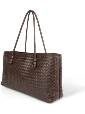 Beshora Owen Kahve Mat Kadın Dikdörtgen Tote Fermuarlı Örgü Detaylı Baget El Omuz Çantası