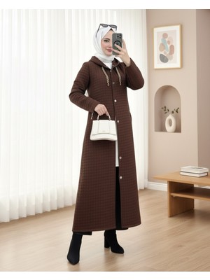 Modamorfo Yakası Zincir Detaylı Uzun Kapitone Kaban  -K. Kahve