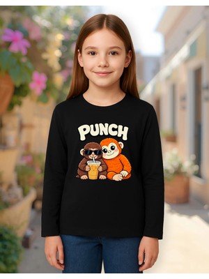 Mixxi Fashion Punch ve Peluş Oyuncağı Maymun Monkey Baskılı Uzun Kollu Unisex Çocuk Tişört (4-13 Yaş)