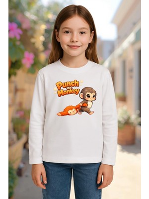 Mixxi Fashion Punch ve Peluş Oyuncağı Maymun Monkey Baskılı Uzun Kollu Unisex Çocuk Tişört (4-13 Yaş)