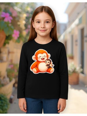 Mixxi Fashion Punch ve Peluş Oyuncağı Maymun Monkey Baskılı Uzun Kollu Unisex Çocuk Tişört (4-13 Yaş)