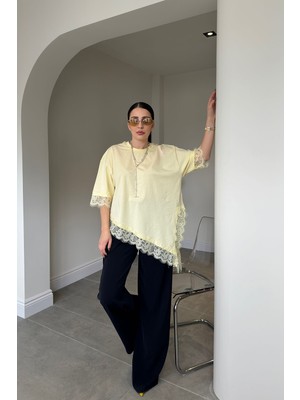 Magarde Premium Dantelli Bisiklet Yaka Bluz- Sarı