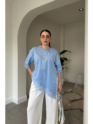 Magarde Premium Dantelli Bisiklet Yaka Bluz- Mavi