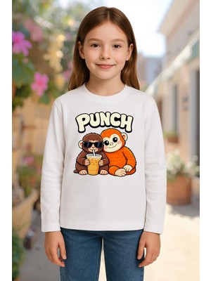 Mixxi Fashion Punch ve Peluş Oyuncağı Maymun Monkey Baskılı Uzun Kollu Unisex Çocuk Tişört (4-13 Yaş)