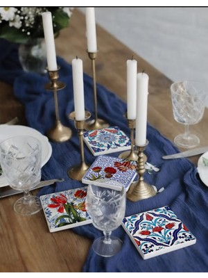 Lale Motifli Doğal Taş Bardak Altlığı Seti, Ev ve Ofis Şıklığı, 4'lü