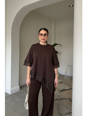 Magarde Premium Dantelli Bisiklet Yaka Bluz- Kahverengi