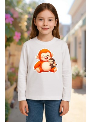 Mixxi Fashion Punch ve Peluş Oyuncağı Maymun Monkey Baskılı Uzun Kollu Unisex Çocuk Tişört (4-13 Yaş)