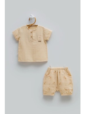 Caramell Free Boy Yarım Pat Düğmeli Müslin Alt Üst Takım - Bej - 80-86 cm Bej