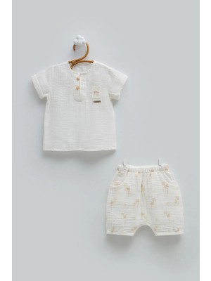 Caramell Free Boy Yarım Pat Düğmeli Müslin Alt Üst Takım - Ekru - 80-86 cm Ekru
