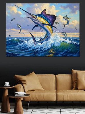 Karizma Tablo Sıçrayan Kılıç Balığı ve Deniz Dekoratif Kanvas - Mdf Ahşap Tablo
