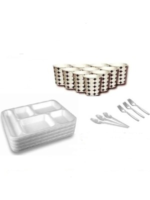 Lüx 5 Gözlü Köpük Tabak Çatal Kaşık Bardak Düğün ve Davet Seti 50 Adet