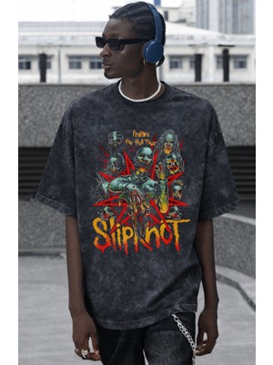 Sevbano Slipknot Rock Metal Müzik Grubu Baskılı Unisex Oversize Vintage Yıkamalı Tişört