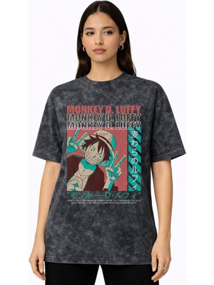 Sevbano Monkey D. Luffy One Piece Anime Baskılı Unisex Oversize Vintage Yıkamalı Tişört