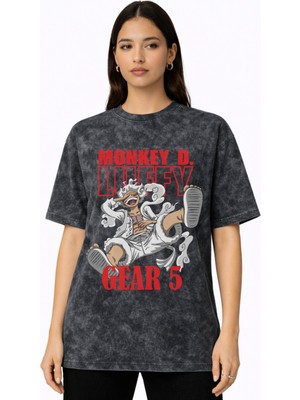 Sevbano Monkey D. Luffy Gear 5 One Piece Anime Baskılı Unisex Oversize Vintage Yıkamalı Tişört