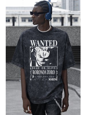 Sevbano Wanted Roronoa Zoro One Piece Anime Baskılı Unisex Oversize Vintage Yıkamalı Tişört