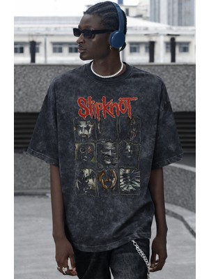 Sevbano Slipknot Rock Metal Müzik Grubu Baskılı Unisex Oversize Vintage Yıkamalı Tişört