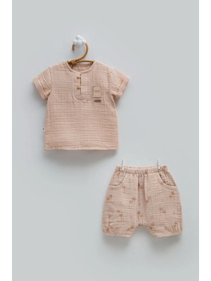 Caramell Free Boy Yarım Pat Düğmeli Müslin Alt Üst Takım - Kahverengi - 80-86 cm Kahverengi