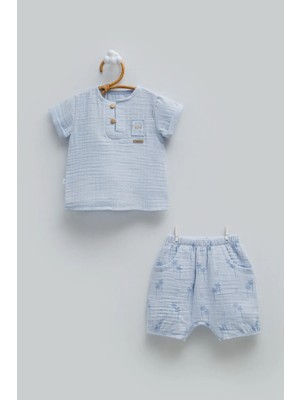 Caramell Free Boy Yarım Pat Düğmeli Müslin Alt Üst Takım - Mavi - 68-74 cm Mavi