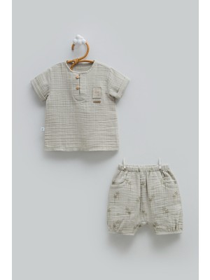 Caramell Free Boy Yarım Pat Düğmeli Müslin Alt Üst Takım - Yeşil - 74-80 cm Yeşil