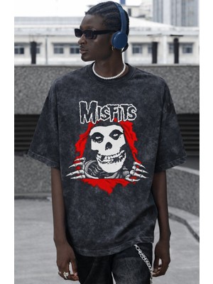 Sevbano Misfits Rock Metal Müzik Grubu Baskılı Unisex Oversize Vintage Yıkamalı Tişört