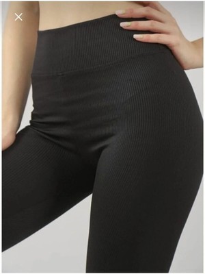 Moda Ugs Siyah Fitilli Çizgili Tayt Yüksek Bel Dayanıklı Örme Kumaş Spor Tayt Toparlayıcı