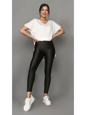 Tusebu Şekillendirici Parlak Siyah Yüksek Bel Kadın Spor Tayt