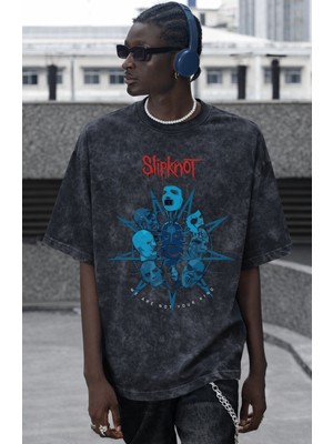 Sevbano Slipknot Rock Metal Müzik Grubu Baskılı Unisex Oversize Vintage Yıkamalı Tişört