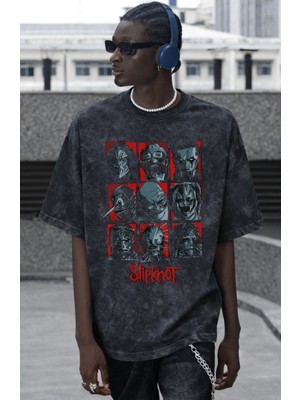 Sevbano Slipknot Rock Metal Müzik Grubu Baskılı Unisex Oversize Vintage Yıkamalı Tişört