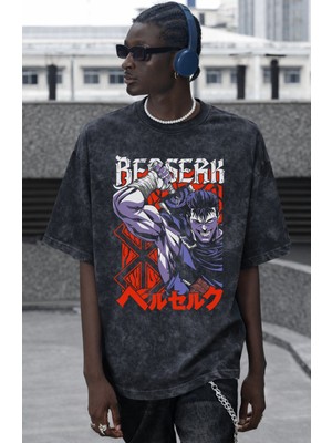 Sevbano Berserk Guts Anime Baskılı Unisex Oversize Vintage Yıkamalı Tişört