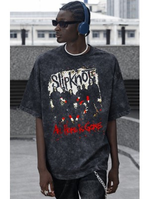 Sevbano Slipknot Rock Metal Müzik Grubu Baskılı Unisex Oversize Vintage Yıkamalı Tişört