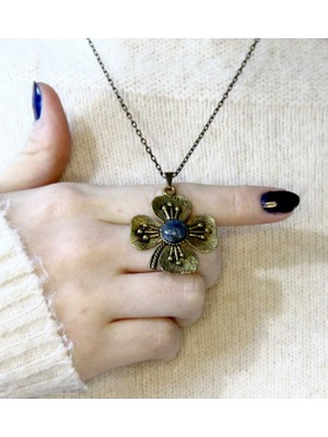 Esha Store Doğal Taş Lapis Doğal Taşlı Yonca Model Otantik Kadın Kolye 45 cm Zincirli EUK38LPS