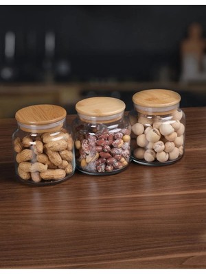 3'lü Bambu Kapaklı Cam Kavanoz ve Saklama Kabı Seti, 500 ml