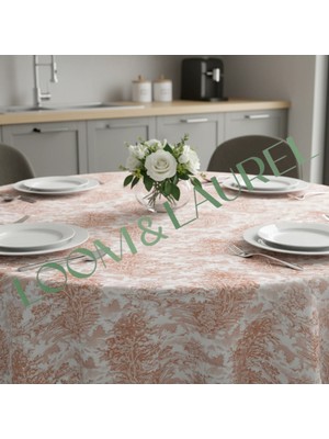 LOOM & LAUREL Yüksek Kaliteli Desenli Jakarlı Dokuma Kumaş Yuvarlak 160 x 160 Masa Örtüsü Açık Kahverengi Ağırlıklı
