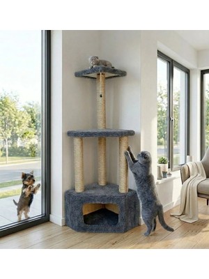 Turkuaz Tırmalama Tahtası Tr1969 Köşe Katlı Kedi Evi Antrasit Renkli Dayanıklı Kullanım İçin