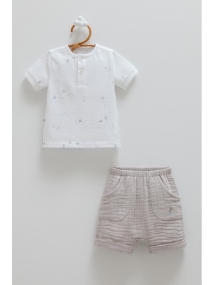 Caramell Yarım Pat Düğmeli Tshırt Alt Üst Takım - Gri - 68-74 cm Gri