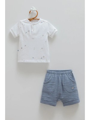 Caramell Yarım Pat Düğmeli Tshırt Alt Üst Takım - Indigo - 80-86 cm Indigo