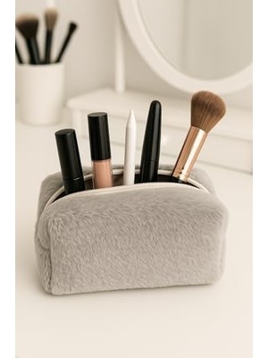 Ecosell Peluş Yumuşacık Makyaj Çantası - Kozmetik Organizeri (Gri)