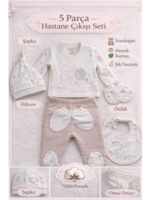Bubbless %100 Organik Pamuklu 5'li Yenidoğan Zıbın Takımı - Kuzu Desenli Hastane Çıkışı Seti