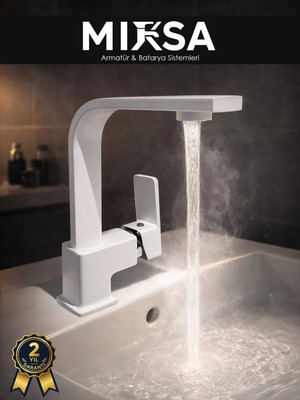 Mixsa Lüx Beyaz Kare Lavabo Bataryası, Musluğu, Ağır Gövde Kaliteli