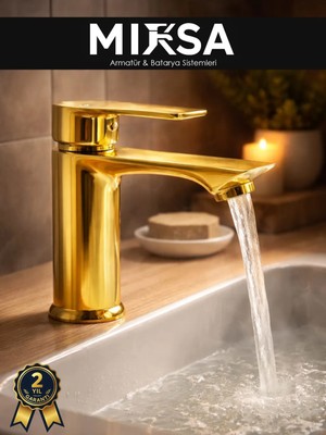 Mixsa Gold Sabit Gövde Lüx Banyo Lavabo Musluğu Bataryası