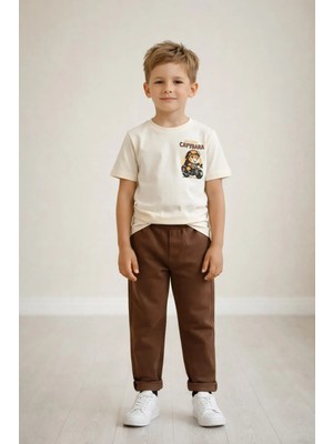 Zekalya Capybara Erkek Çocuk Takım %100 Pamuk Baskılı Tişört Eşofman Altı – Bej Kahve