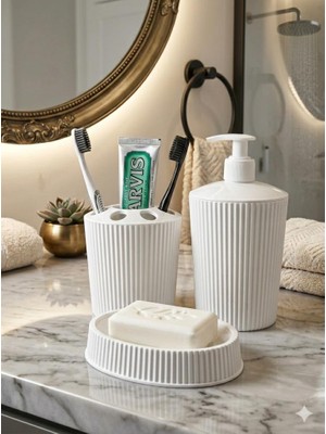 abnturk 3'lü Beyaz Banyo Seti, Porselen Görünümlü Plastik Sıvı / Katı Sabunluk ve Diş Fırçalık