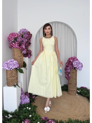Nils Butik Vanilya Sarısı - Pembe Korse Detaylı Midi Elbise