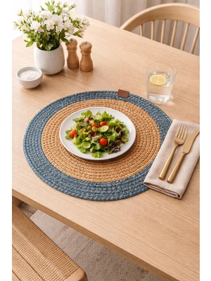 Halımax Alice Jüt Hasır Dokulu Yuvarlak Runner Çift Taraflı Yıkanabilir Amerikan Servis Mavi 35X35CM