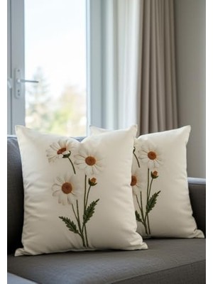 Ecosell Nakış Desen Dijital Baskılı Dekoratif Papatya Desenli Kadife Kırlent Kılıfı, 2'li Set, Krem Zemin, Dijital Baskılı