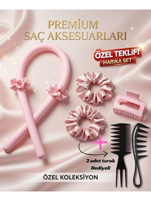 Yurish Isısız Saç Şekillendirme Seti Pudra Pembe Saten Saç Sosisi Saç Bigudisi Seti (2 Adet Tarak Hediyeli)
